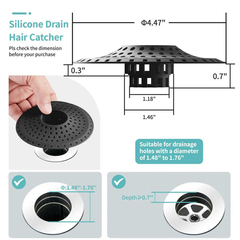 Super Slick Silicone Bathtub Drain Hair Catcher And Shower Guard That Snags Hair And Tiny Toys To Stop Drain Headaches Cold And Keep Your Home Plumbing Running Legit, shown with dimensions.