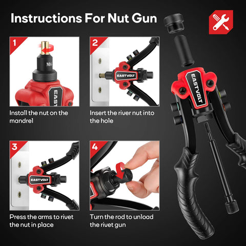 Instructions for nut gun from 3 In 1 Do It All Rivet Nut Tool Kit For Quick Fixes, Hand Rivet Gun Plus Nut Tool And Reamer