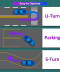 Two blue spinner-knobs for steering wheels; silicone surface and metal bearings; U-turn, parking, S-turn diagrams.
