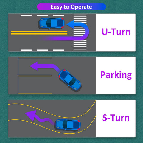 Two blue spinner-knobs for steering wheels; silicone surface and metal bearings; U-turn, parking, S-turn diagrams.