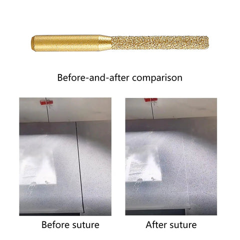 Golden Brazed Metal Router Bit For Marble Stone Grinders in a before-and-after comparison of marble surface trimming.