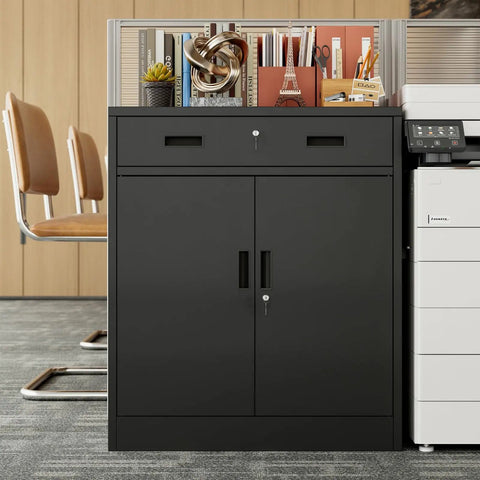 Beefy Heavy Duty Metal Storage Cabinet With One Drawer And Adjustable Shelf For Garage Office Or Home Locking Short Cabinet In Black.