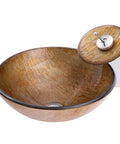 USZWBY Bathroom Vessel Sink Vanity Tempered Glass Vessel Bowl Sink Round Brown Countertop Sink Bowl Above Counter Sink Art Basin with Waterfall Faucet, Pop Up Drain, featuring textured brown interior.