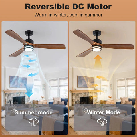 52 Inch Outdoor Ceiling Fan With Light, Solid Walnut Wood Blades, Remote, 3 CCT Dimmable LED in summer and winter modes