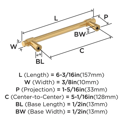 Diagram of Champagne Bronze Destine Cabinet Pull 5-1/16 Inch Center-To-Center, dimensions labeled with overall length and width
