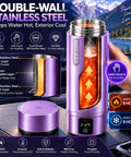 Ride Ready 12V 24V Vacuum Insulated Car Electric Kettle With Six Custom Temperatures And Auto Shut Off, stainless steel design, compact, purple exterior.