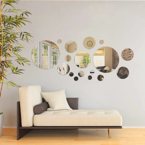 Living room with 32 Piece Removable Acrylic Mirror Wall Stickers Round Tiles Silver Medium Size For Home Bathroom Living Room Bedroom TV Backdrop Dope Decor Easy Peel Self Adhesive No Residue