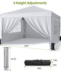 10x10 Pop Up Canopy with Sidewalls for a No Brainer Hassle Free Setup Portable Event Tent with Carry Bag in white, dimensions shown