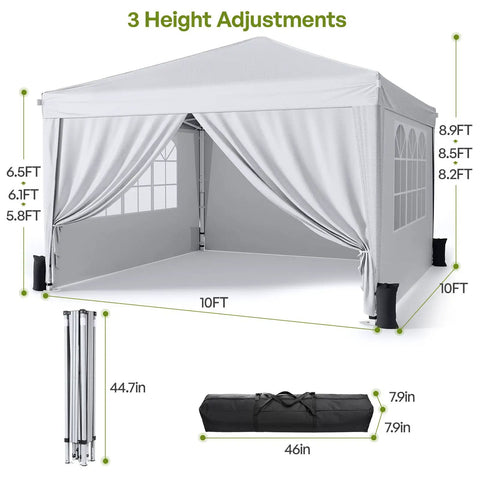 10x10 Pop Up Canopy with Sidewalls for a No Brainer Hassle Free Setup Portable Event Tent with Carry Bag in white, dimensions shown