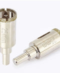 Two 25mm diamond tile hole saws with pilot bits, metal bodies and grit-edged cutting rims