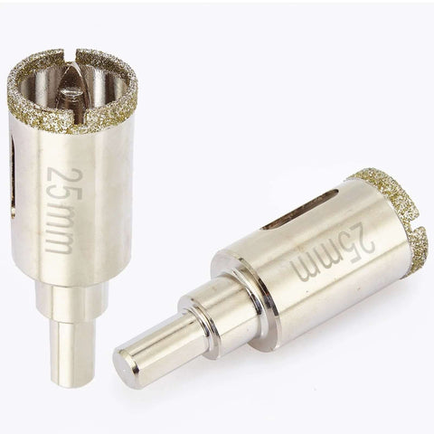 Two 25mm diamond tile hole saws with pilot bits, metal bodies and grit-edged cutting rims