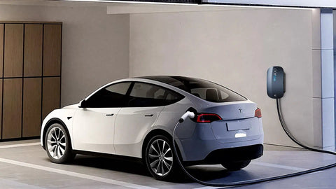 Electric car charging with Level 2 EV Charger 40 Amp Fast Home Charging With Battery Health And Battery Life Monitoring, 5G Ready in garage.