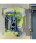 Top view of Brad Nailer Wall Mount Organizer for P321 Cordless Nail Gun with quick access bracket, gray and yellow design.