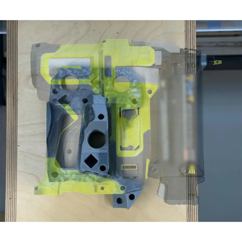 Top view of Brad Nailer Wall Mount Organizer for P321 Cordless Nail Gun with quick access bracket, gray and yellow design.