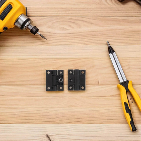 Plastic Cabinet Door Hinges HAPINARY 90 Degree Folding Desk Hinge With Torque Position Control shown with tools on wood surface