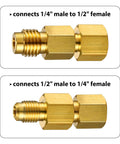 4 Piece R134A Refrigerant Tank Adapter Set For Car Air Conditioning Service Includes Half Inch Female To Quarter Inch Male Flare Valve Core And Quarter Inch Female To Half Inch Male Vacuum Pump Adapters For R12 And R134A Systems showing brass adapters with connection sizes