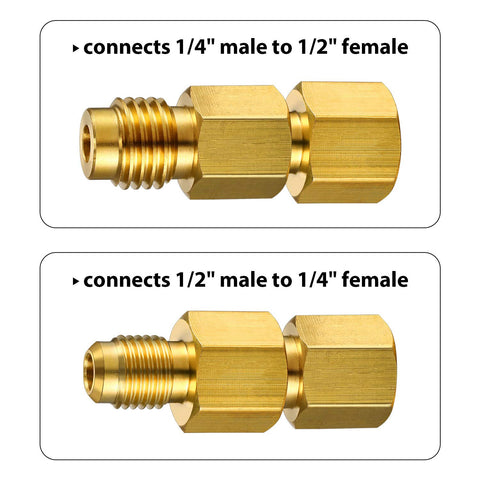 4 Piece R134A Refrigerant Tank Adapter Set For Car Air Conditioning Service Includes Half Inch Female To Quarter Inch Male Flare Valve Core And Quarter Inch Female To Half Inch Male Vacuum Pump Adapters For R12 And R134A Systems showing brass adapters with connection sizes