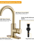 Brushed Gold Single Hole Bathroom Faucet With Pop Up Drain And Deck Plate Modern One Handle Lavatory Sink Tap For Vanity Easy Temperature Control Gold Bar Style.