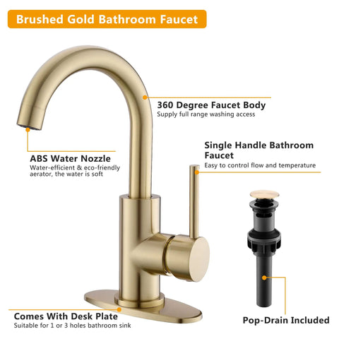 Brushed Gold Single Hole Bathroom Faucet With Pop Up Drain And Deck Plate Modern One Handle Lavatory Sink Tap For Vanity Easy Temperature Control Gold Bar Style.