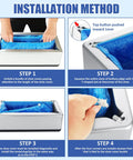 Automatic Shoe Cover Dispenser Featuring 200 Disposable Non Slip Shoe Covers Skip The Hassle Floor Shield assembly steps in four images.
