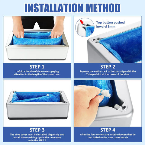 Automatic Shoe Cover Dispenser Featuring 200 Disposable Non Slip Shoe Covers Skip The Hassle Floor Shield assembly steps in four images.