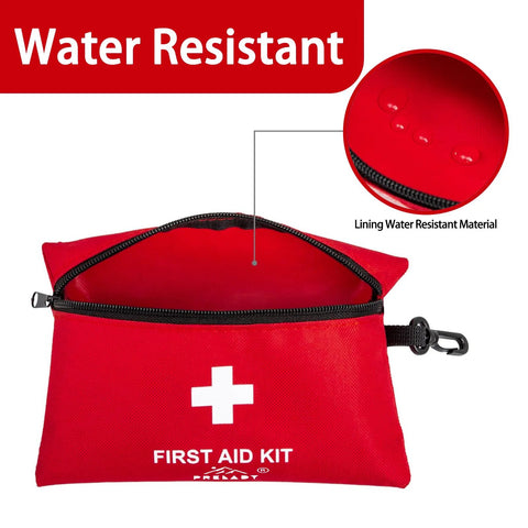 Front view of a red compact first aid kit pouch with white cross, zipper, water-resistant, Amazon brand