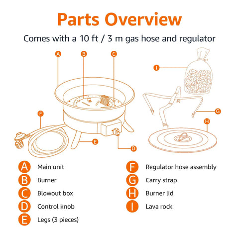 Parts diagram of Portable Propane Fire Pit 19 Inch Round For Patio With 55,000 BTU showing components like burner, hose, and lid
