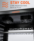 Interior view of 12U Enclosed Wall Mount Network Rack With Dual 1U Shelves Pre Mounted Fan, showing dual fans and AC plug.