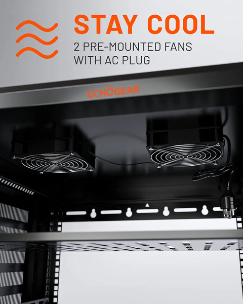 Interior view of 12U Enclosed Wall Mount Network Rack With Dual 1U Shelves Pre Mounted Fan, showing dual fans and AC plug.