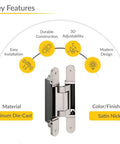 Concealed Door Hinge For Heavy Doors 3D Adjustable TECTUS TE 640 3D A8 240 Mm Satin Nickel Look, aluminum die-cast, key features