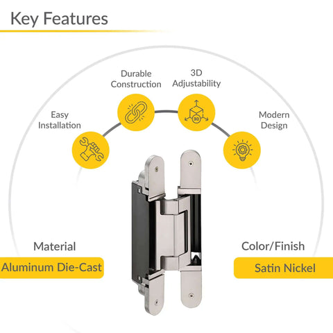 Concealed Door Hinge For Heavy Doors 3D Adjustable TECTUS TE 640 3D A8 240 Mm Satin Nickel Look, aluminum die-cast, key features