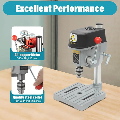 Compact Mini Benchtop Drill Press With Variable Speed Control Up To Sixteen Grand and Quick Change Collar for Power Drills on workbench.