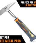 Pro Grade 18oz Sheet Metal Hammer for Tinners and HVAC Pros with Forged Steel Head and Ergonomic Handle, ideal for metal shaping.