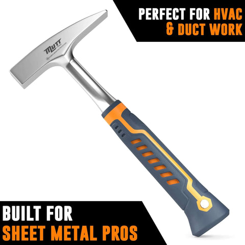 Pro Grade 18oz Sheet Metal Hammer for Tinners and HVAC Pros with Forged Steel Head and Ergonomic Handle, ideal for metal shaping.