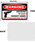Kickass 3 Pack Gun Warning Signs For Home Security 10x7 Inch Rock Solid Rust Proof Aluminum Plaques front view with gun graphic