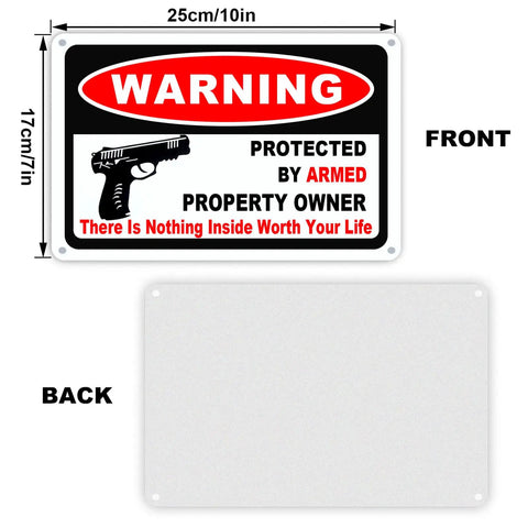 Kickass 3 Pack Gun Warning Signs For Home Security 10x7 Inch Rock Solid Rust Proof Aluminum Plaques front view with gun graphic