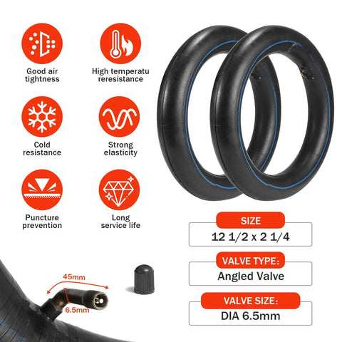 Two Pack 12.5x2.25 Inch Inner Tubes With Angled Valve For Electric Scooters Mini Bikes and Mobility Scooters size specifications