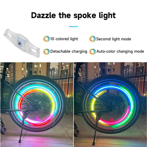 Rechargeable LED Bike Wheel Lights 2 Pack With Motion Sensor Waterproof Spoke Lights cycling at night with colorful glow