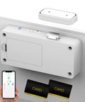 Smart Cabinet Lock Hidden No Drill Adhesive Baby Proofing Drawer Locks Keyless RFID Bluetooth Cabinet Locks For Adults File Kitchen Cupboard Closet Liquor White, showing app interface and RFID cards.