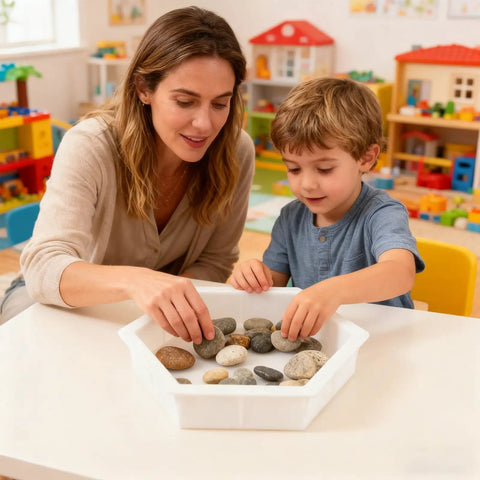 Woman and child placing stones in Two-Size Hexagon Stepping Stone Molds For Concrete, Reusable Plastic Cement Molds, indoors.