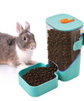 Worry Free Automatic Rabbit Food Dispenser With 35 Oz Gravity Feeding For Bunnies Guinea Pigs And Small Critters, Easy Top Fill Silicone Lid Cage Accessory In Green with kibble and a gray rabbit.