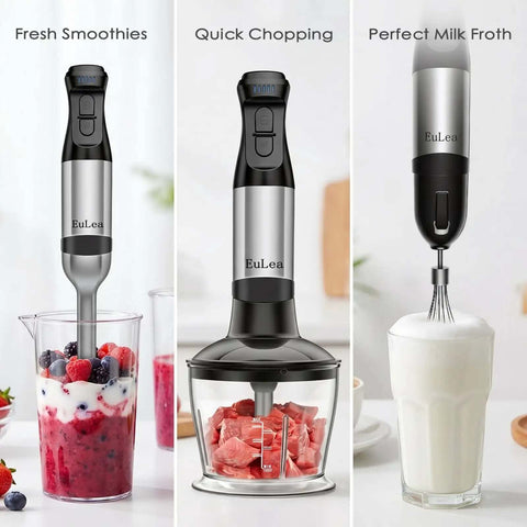 Powerhouse 1200W 8-In-1 Hand Blender With 5-Speed Precision Control Immersion Stick Mixer Set Featuring Pure Copper Motor mixing smoothies, chopping meat, frothing milk.