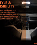 Car interior with Ultra Bright 921 T 16W W16W ZEVO LED Interior Bulbs 6000K White installed on ceiling, illuminating seats.