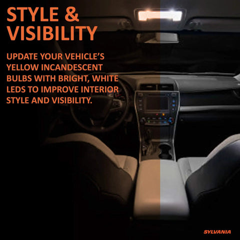 Car interior with Ultra Bright 921 T 16W W16W ZEVO LED Interior Bulbs 6000K White installed on ceiling, illuminating seats.