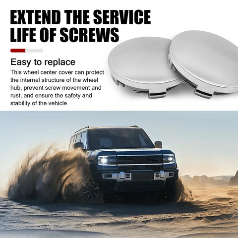 Pack Of Four Universal Car Wheel Center Hub Covers Snap On Silver Rim Caps showing two silver hub covers for vehicle wheel protection.