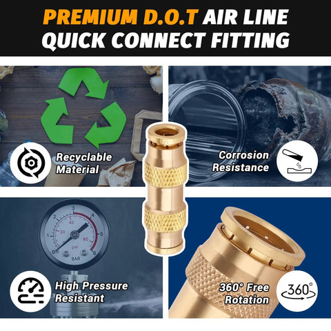 One Quarter Inch Air Brake Line Fitting Push To Connect Brass DOT Approved CA360 Pneumatic Fitting For Truck Trailer And Auto Maintenance Built Tough Corrosion Resistant High Temp Tolerant, brass fitting close-up