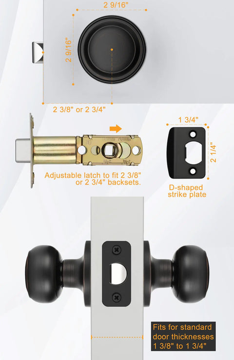 Oil Rubbed Bronze Passage Door Knobs 3 Pack For Hallways And Closets Interior Doors; showing dimensions and components.