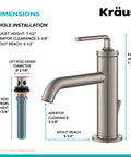 Ramus Single Handle Bathroom Sink Faucet With Lift Rod Drain In Spot Free Stainless Steel, dimensions and specifications