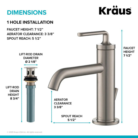 Ramus Single Handle Bathroom Sink Faucet With Lift Rod Drain In Spot Free Stainless Steel, dimensions and specifications