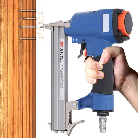 Professional Pneumatic Brad Nailer, 20 Gauge Air Nail Gun in hand, firing brad nails into wood, durable aluminum frame.